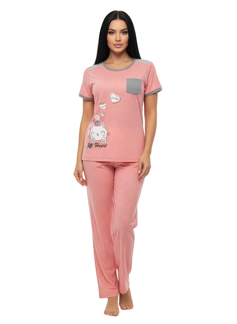 JOANNA Women's Good Life Print With Pocket Short Sleeve Shirt & Long Pants Pajama Set, Pink, M - Image 1