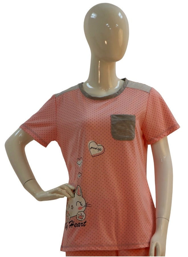 JOANNA - JOANNA Women's Good Life Print With Pocket Short Sleeve Shirt & Long Pants Pajama Set, Pink - Image 1