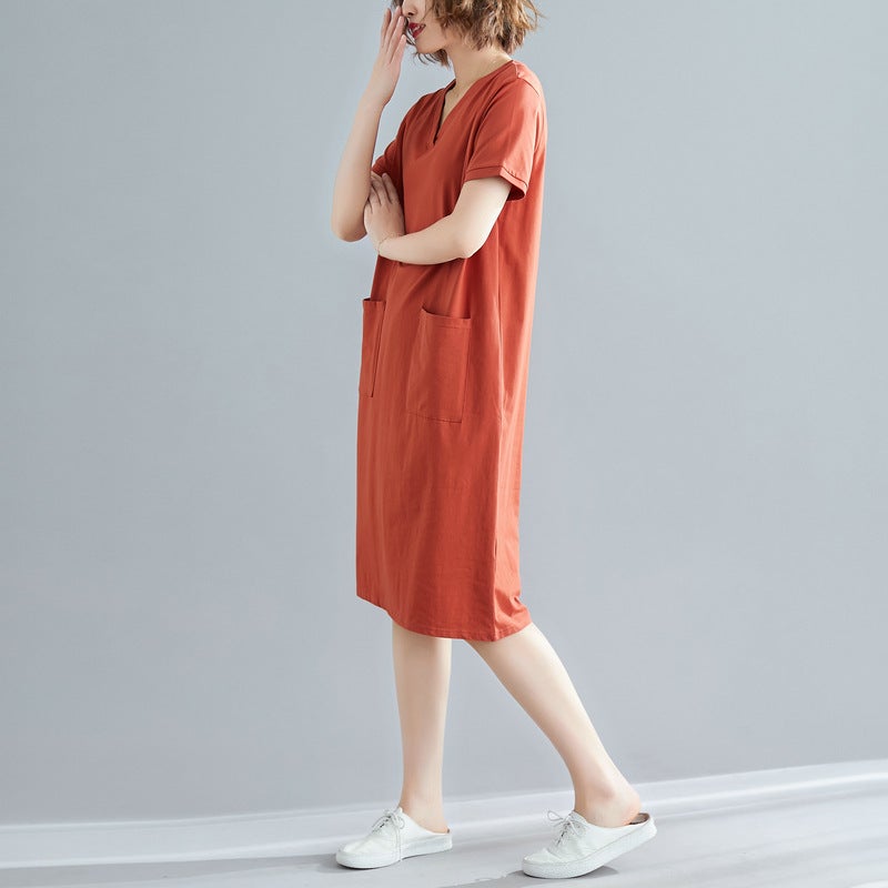 Large Size Womens Clothing Summer Loose Korean Style Mid-length T-shirt Skirt Fat mmV Collar Slim Look Short-sleeved Dress Brick Red - Image 1