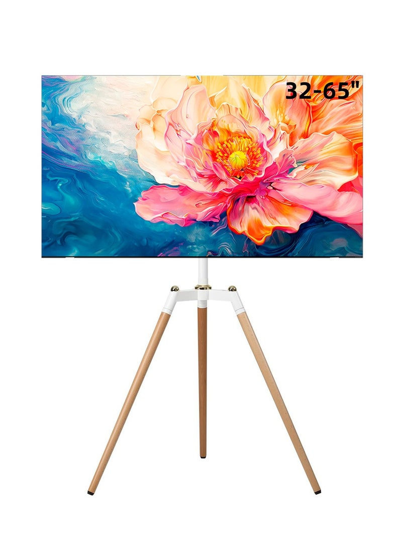 FlashHawk Tripod TV Stand for 32-65 Inch Screens | Height Adjustable | 140° Swivel Floor Mount | 70Lbs Capacity | Steel & Beech Wood Design for Living Room & Bedroom White  - Image 1