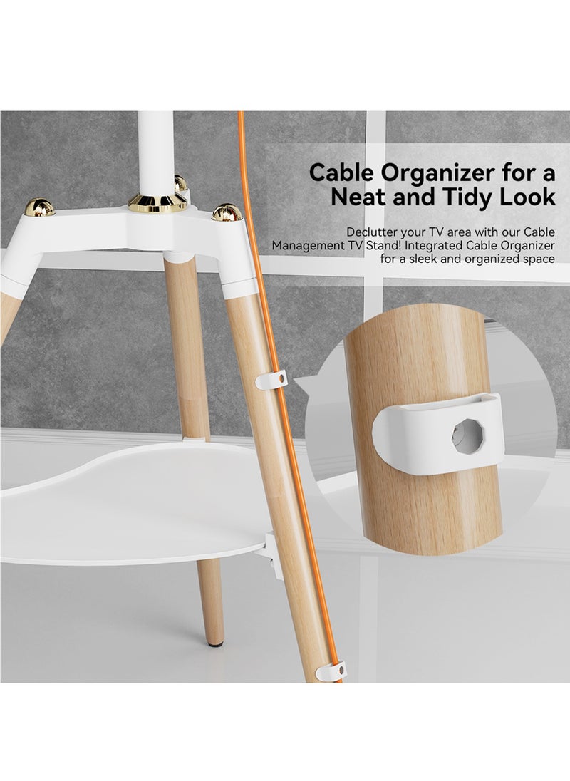 FlashHawk Tripod TV Stand for 32-65 Inch Screens | Height Adjustable | 140° Swivel Floor Mount | 70Lbs Capacity | Steel & Beech Wood Design for Living Room & Bedroom White  - Image 5