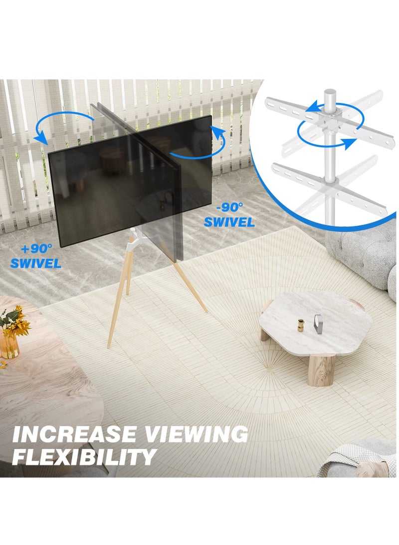 FlashHawk Tripod TV Stand for 32-65 Inch Screens | Fits 32 42 43 50 55 60 65 inch TVs | Height Adjustable | 140° Swivel Floor TV Mount | 70Lbs Capacity | Steel & Beech Wood Design for Living Room & Bedroom White - Image 3