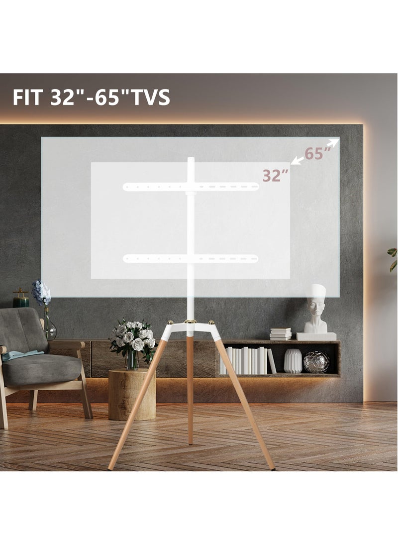 FlashHawk Tripod TV Stand for 32-65 Inch Screens | Fits 32 42 43 50 55 60 65 inch TVs | Height Adjustable | 140° Swivel Floor TV Mount | 70Lbs Capacity | Steel & Beech Wood Design for Living Room & Bedroom White - Image 5