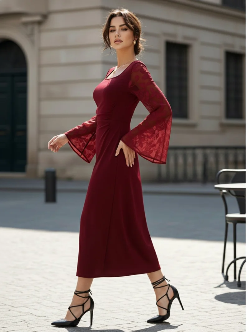 Outzidr  Maroon Bell Sleeve Scoop Neck Lace Detail Dress for Women | Best Price UAE