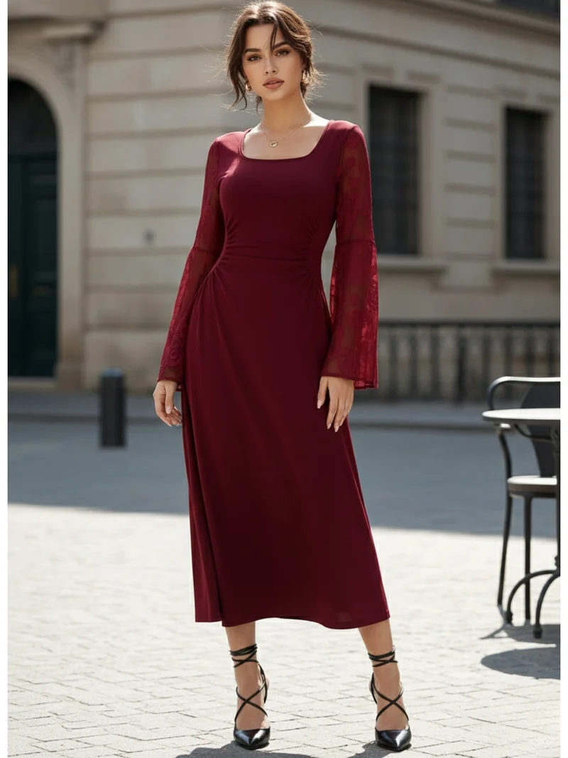 Outzidr Maroon Bell Sleeve Scoop Neck Lace Detail Dress