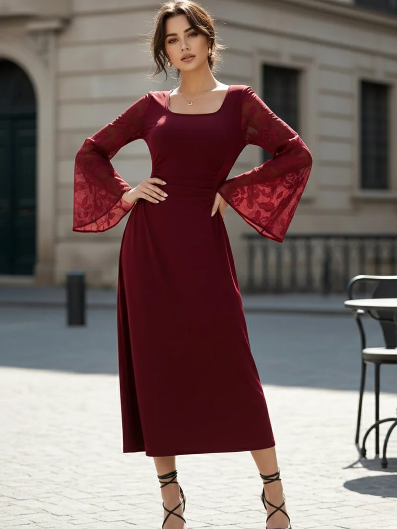 Outzidr  Maroon Bell Sleeve Scoop Neck Lace Detail Dress for Women | Best Price UAE