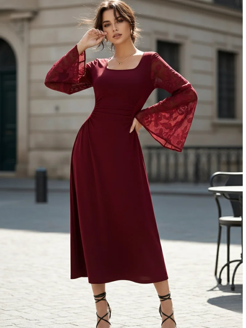 Outzidr Maroon Bell Sleeve Scoop Neck Lace Detail Dress