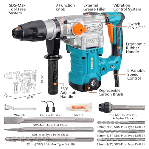 Berserker 1-9/16" SDS-Max Heavy Duty Rotary Hammer Drill with Vibration Control,Safety Clutch,13 Amp 3 Functions Demolition Rotomartillo for Concrete-Including 4 Drill Bits,2 Chisels,Carrying Case - Image 2