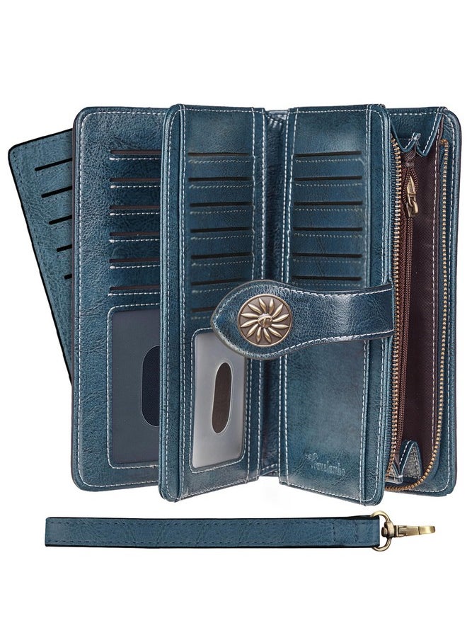 Travelambo Womens Wallet Large Capacity Rfid Blocking Genuine Leather Wristlet Wallets(Peacock Blue)  - Image 1