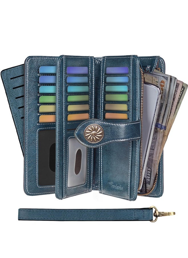 Travelambo Womens Wallet Large Capacity Rfid Blocking Genuine Leather Wristlet Wallets(Peacock Blue)  - Image 2
