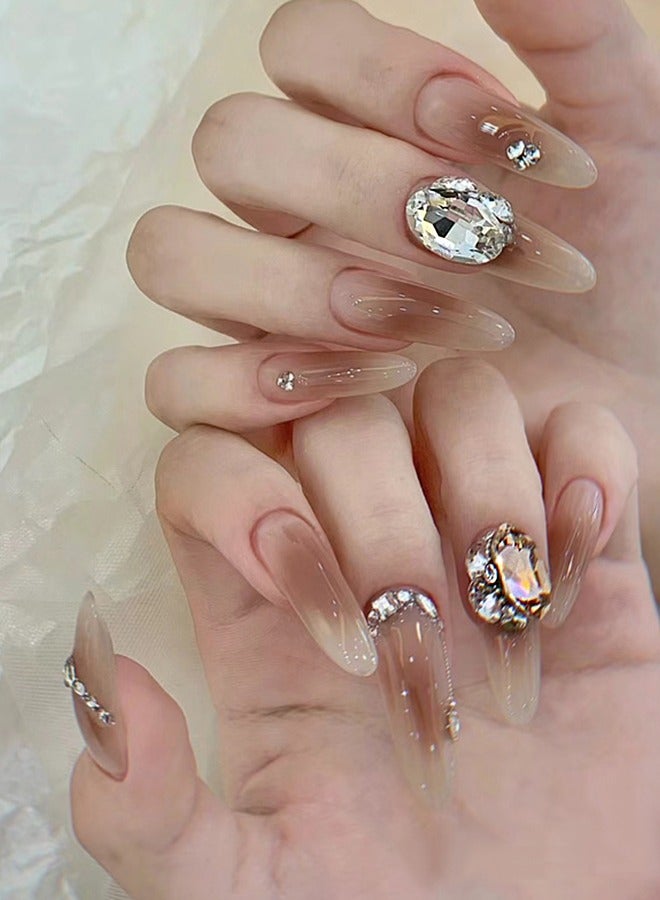 NIBEMINENT 24Pcs Fake Nails, Press Nails In Box,Long-length Almond shaped Solid Skin Gradient Color Shiny Nail Art,Big Zircon,Fake Nail Patch  - Image 1