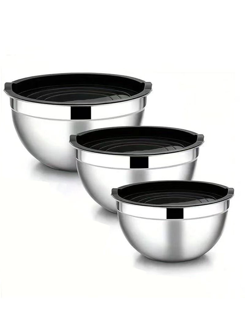 Relex Pack of 3 Mixing Bowls, Stainless Steel Salad Bowl with Lid, Healthy and Easy Clean, Stackable Design (Black) - Image 1
