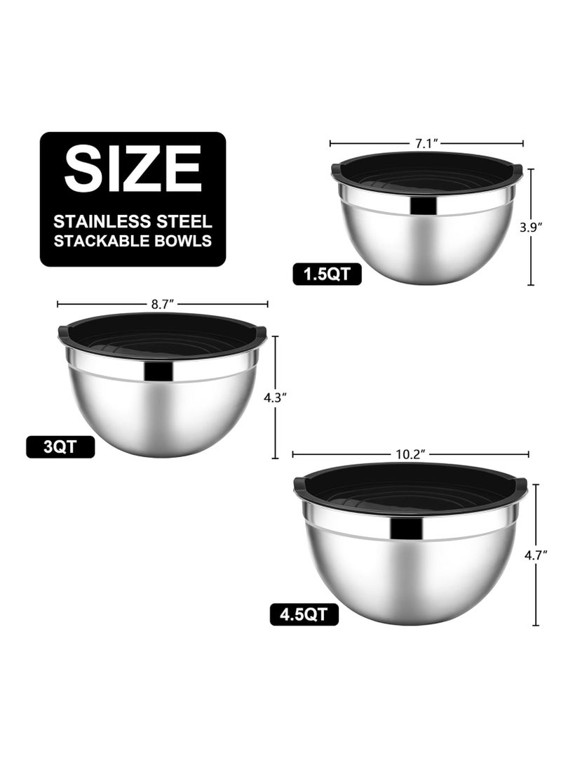 Relex Pack of 3 Mixing Bowls, Stainless Steel Salad Bowl with Lid, Healthy and Easy Clean, Stackable Design (Black) - Image 2
