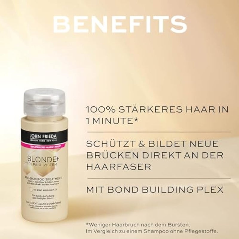 John Frieda BLONDE+ Repair System Pre-Shampoo-Treatment – Contents: 100 ml – With Bond Building Plex – For Blonde Damaged by Lightening – Protects Hair - Image 4