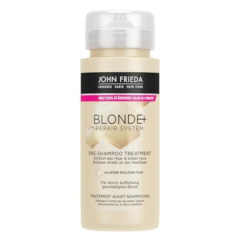 John Frieda BLONDE+ Repair System Pre-Shampoo-Treatment – Contents: 100 ml – With Bond Building Plex – For Blonde Damaged by Lightening – Protects Hair - Image 1