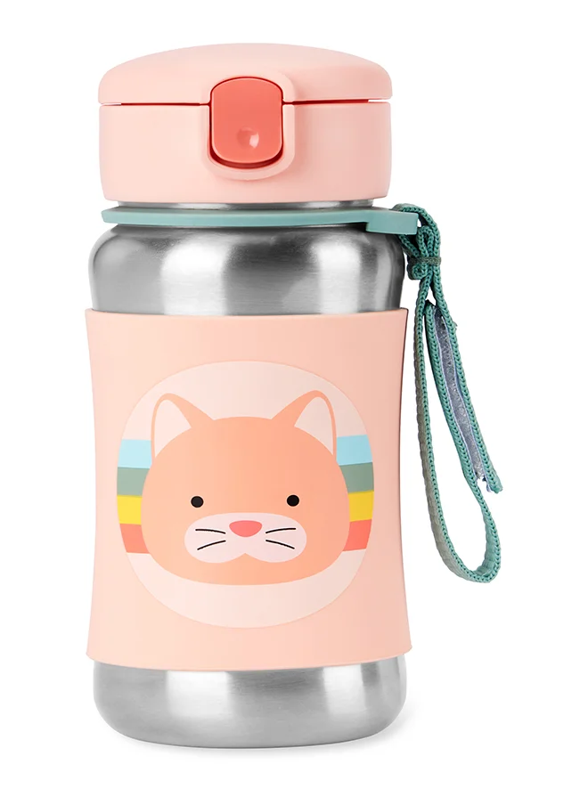 سكيب هوب Zoo Stainless Steel Straw Bottle Cat - Insulated Kids Bottle with Straw & Sleeve