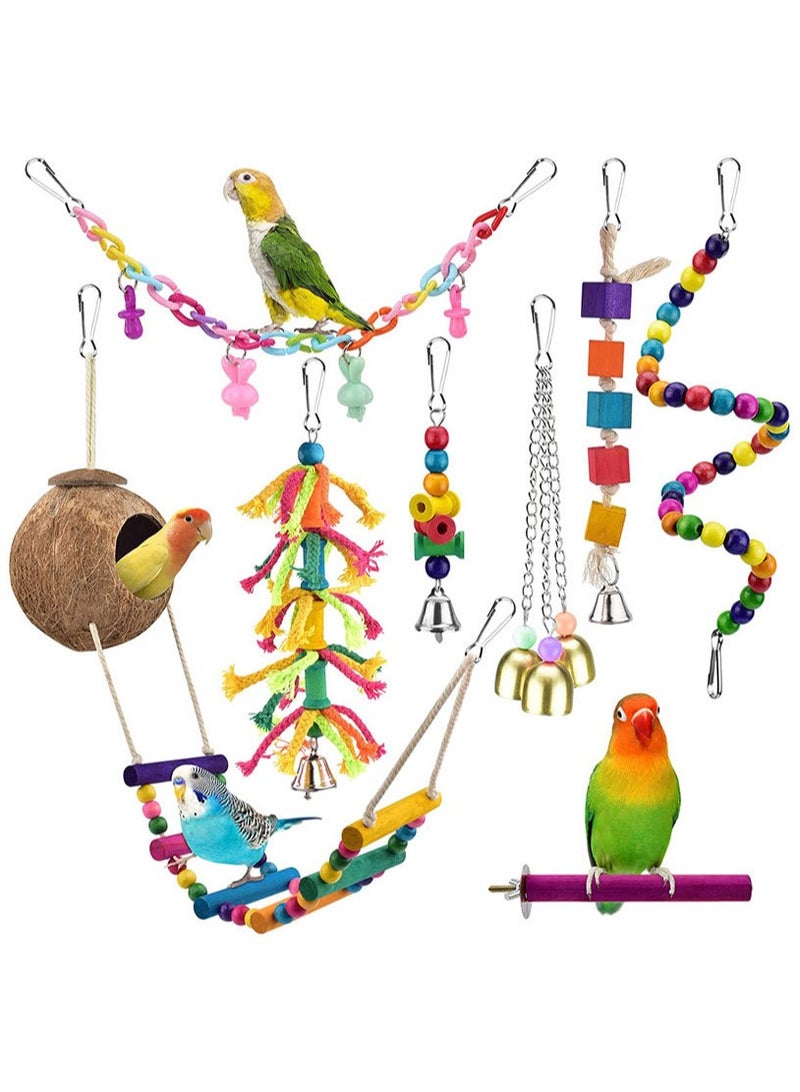 general 8PCS Parrot Toy Bird Supplies Utensils Standing Pole Coconut Shell Bird's Nest Stairs Wooden Bell Bird Playset - Image 1