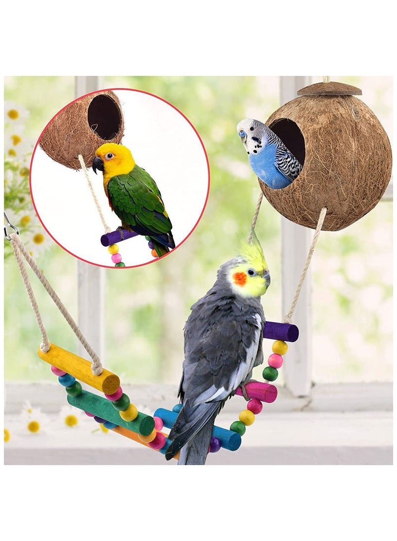 general 8PCS Parrot Toy Bird Supplies Utensils Standing Pole Coconut Shell Bird's Nest Stairs Wooden Bell Bird Playset - Image 3