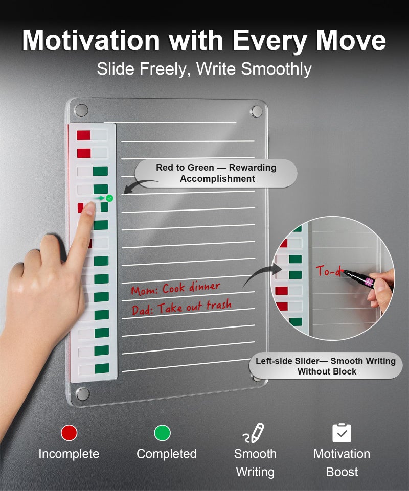 EliteSign Magnetic Acrylic Dry Erase Board for Fridge, to Do List White Board with Sliding Buttons, 12"X8.2" Clear Chore Chart for Adults, Reusable Refrigerator Whiteboard Includes 5 Markers (White Line) - Image 3
