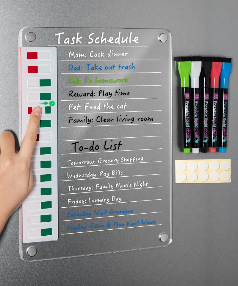 EliteSign Magnetic Acrylic Dry Erase Board for Fridge, to Do List White Board with Sliding Buttons, 12"X8.2" Clear Chore Chart for Adults, Reusable Refrigerator Whiteboard Includes 5 Markers (White Line) - Image 1