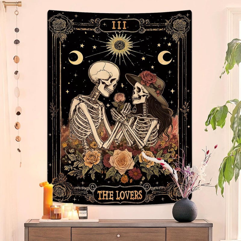 Kanuyee The Lovers Skeleton Tapestry for Bedroom Wall Hanging Moon and Floral Design Tapestries for Living Room Decor 36 x 48 Inch Black and Rose - Image 1
