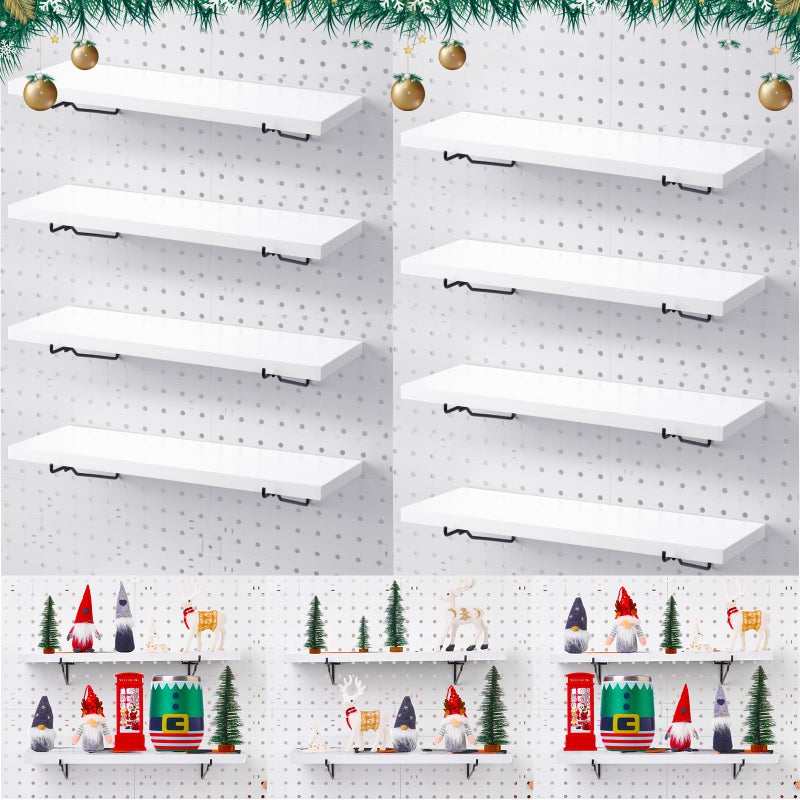 Qunclay 8 Pack Pegboard Shelf Set Wooden Shelves with Metal Brackets Hook Wall Pegboard Shelving Heavy Duty Accessories for Crafts Home Office Garage Workbench(White) - Image 1