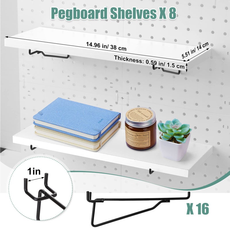 Qunclay 8 Pack Pegboard Shelf Set Wooden Shelves with Metal Brackets Hook Wall Pegboard Shelving Heavy Duty Accessories for Crafts Home Office Garage Workbench(White) - Image 2