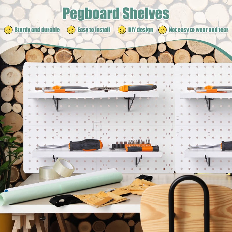 Qunclay 8 Pack Pegboard Shelf Set Wooden Shelves with Metal Brackets Hook Wall Pegboard Shelving Heavy Duty Accessories for Crafts Home Office Garage Workbench(White) - Image 5