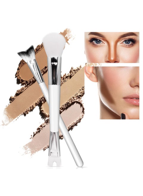 2 Pcs Nose Contour Brush Set, Double Sided 2 in 1 U-Shaped Contouring Brush with Fluffy Powder Brush, V-Shaped Contour Makeup Brush for Sculpting Defining Highlighter Cheekbones