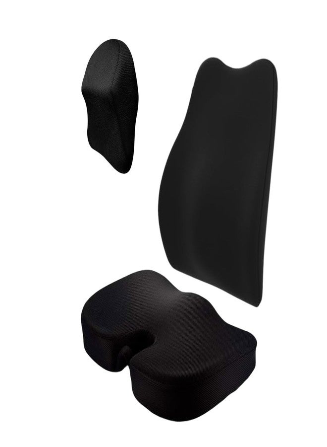 CUSHIO Memory Foam Backrest, Headrest & Coccyx Seat Cushion Combo - Lower Back, Neck and Coccyx Support for Long Sitting Hours on Car Seat, Office/Home Chair (Mesh Black) - Image 1