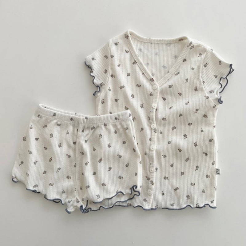 Korean INS Soft Floral Ruffle Kids Pajama Set Gray 