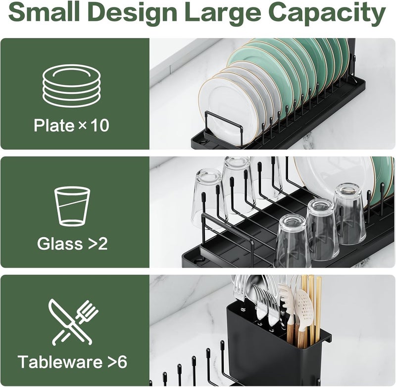 Aufworld Small Dish Drying Rack, Compact Dish Rack with Silicone Drying Mat, Stainless Steel Dish Drainer with Utensil Holder, Space Saving Drain Rack for Kitchen Counter, RVs, Apartments - Image 3