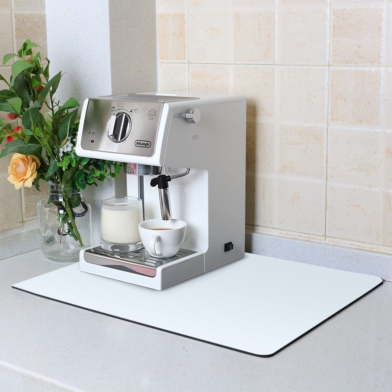 ZLR Coffee Bar Mat for Countertops 16 x 20 Large Absorbent StainHiding Dish Drying Mat for Espresso Machines Coffee Makers Quick Dry Diatomite Core NonSlip Rubber Backing Milk White
