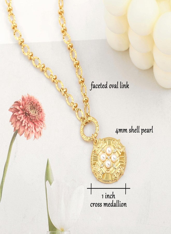 PEARLADA Statement Byzantine Cross Medallion, 18k Gold Pearl Beaded Coin, Chunky Faceted Chain Necklace - Adjustable - Image 4