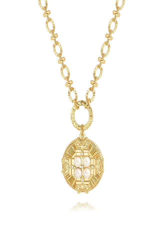PEARLADA Statement Byzantine Cross Medallion, 18k Gold Pearl Beaded Coin, Chunky Faceted Chain Necklace - Adjustable - Image 1