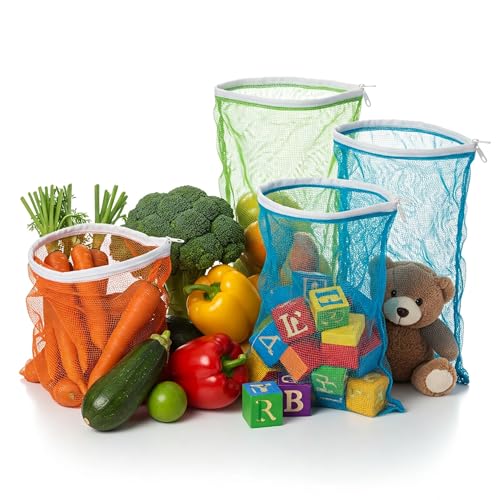 Tidy Fox Vegetable Storage Net Bags for Fridge – Set of 12 / Reusable, Washable, Durable Nylon Mesh Bags with Rustproof Zipper for Produce, Toys, Travel & Home Organization - Image 4