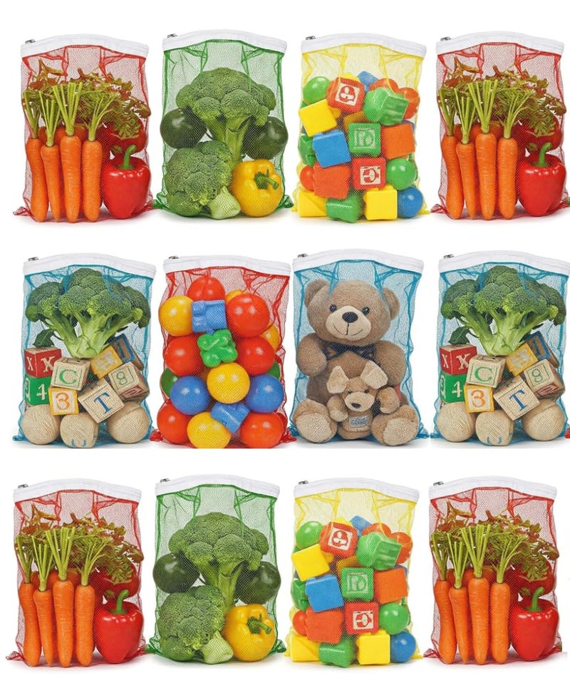Tidy Fox Vegetable Storage Net Bags for Fridge – Set of 12 / Reusable, Washable, Durable Nylon Mesh Bags with Rustproof Zipper for Produce, Toys, Travel & Home Organization - Image 1