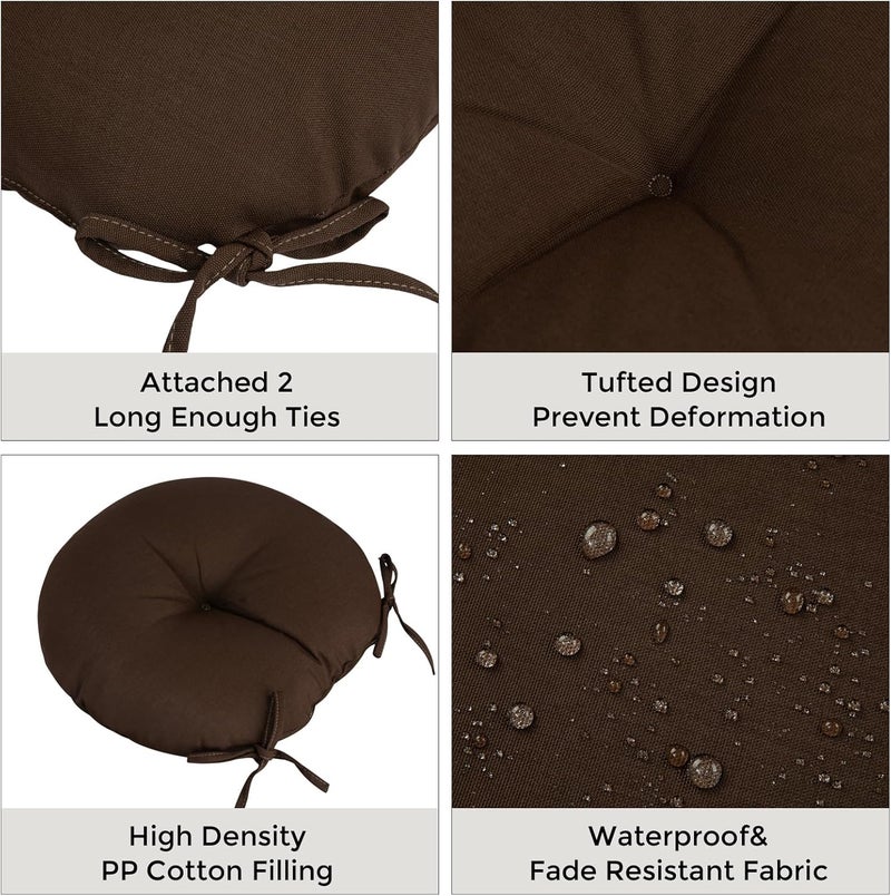 FUNHOME Bistro Chair Cushions 15 inch,Set of 2,Tufted Round Chair Cushions with Ties,15"x15"x4",Waterproof Round Seat Cushion for Barstool Chairs,Patio Garden Kitchen Outdoor Furniture(Chocolate Brown) - Image 4