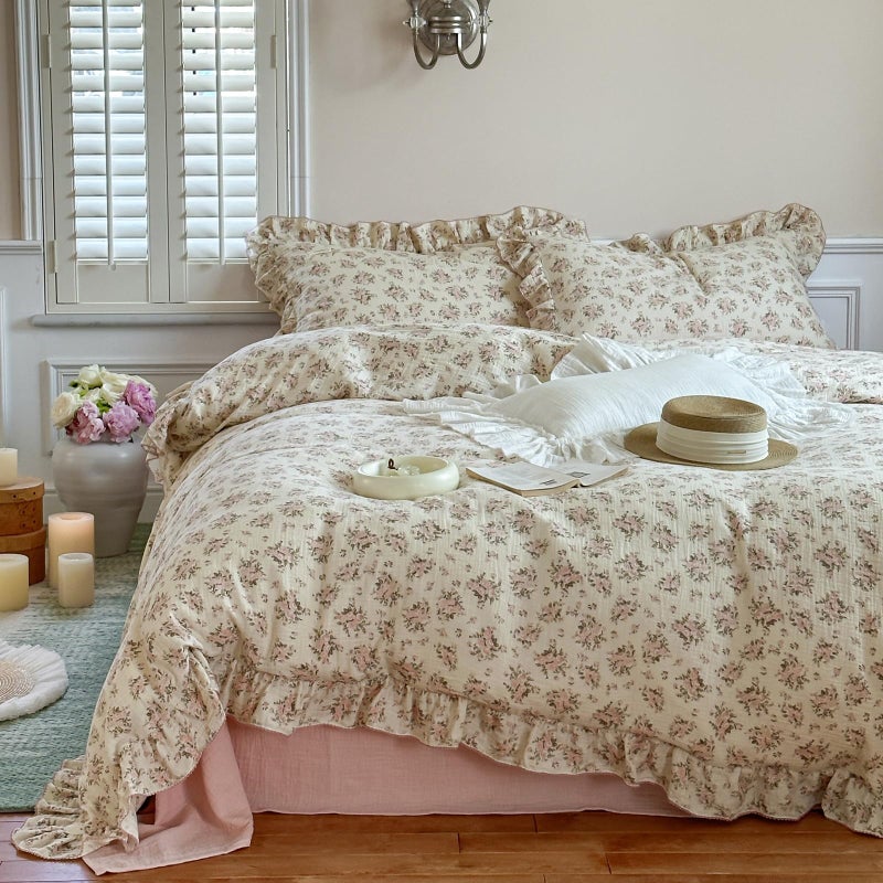 VM VOUGEMARKET Pink Flower Duvet Cover TwinDoubleLayer Cotton Gauze Duvet Cover with RufflesSoft Breathable Comforter Cover for Kids Girls - Image 2