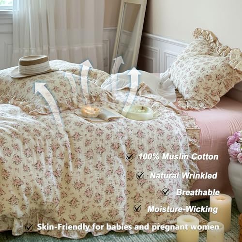 VM VOUGEMARKET Pink Flower Duvet Cover TwinDoubleLayer Cotton Gauze Duvet Cover with RufflesSoft Breathable Comforter Cover for Kids Girls - Image 3