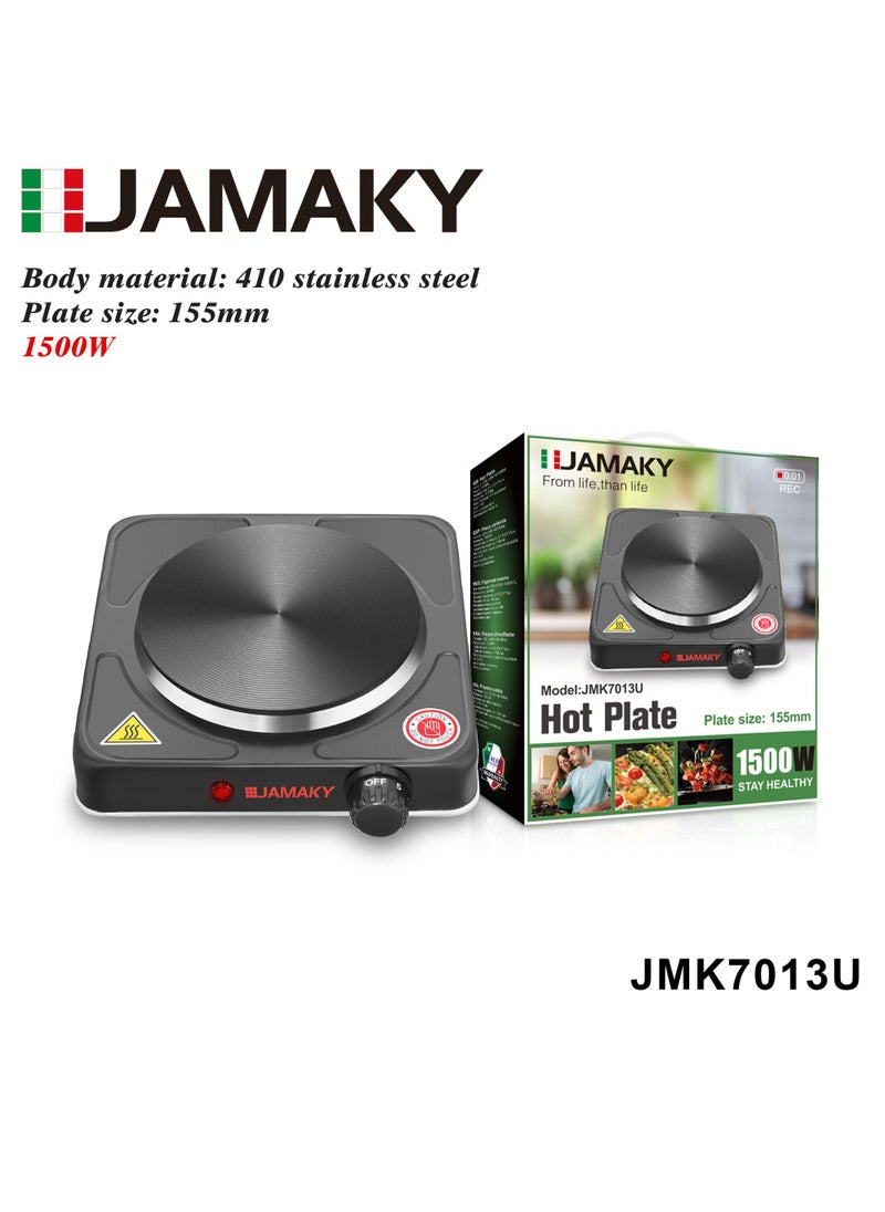 Jamaky Italy - طبق تسخين شعلة واحدة بتكنولوجيا ايطالية 1500 واط، لون أبيض، JMK7013U، مناسب جداً للأماكن الخارجية والرحلات والمصايف والمكاتب، سخان كهربائي صغير ومريح لسهولة الطبخ - أسود. - Image 1