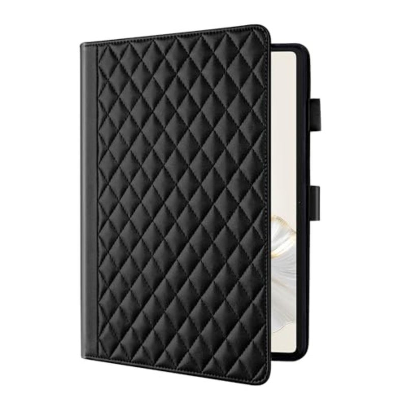 For Honor Pad 9 - Black diamond-pattern flip case with multi-angle stand, built-in stylus and card holders, portable protection 12.1, PU leather - Image 2