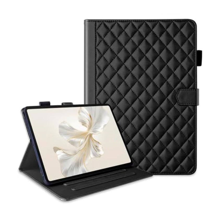 For Honor Pad 9 - Black diamond-pattern flip case with multi-angle stand, built-in stylus and card holders, portable protection 12.1, PU leather - Image 1