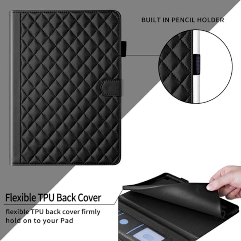 For Honor Pad 9 - Black diamond-pattern flip case with multi-angle stand, built-in stylus and card holders, portable protection 12.1, PU leather - Image 5