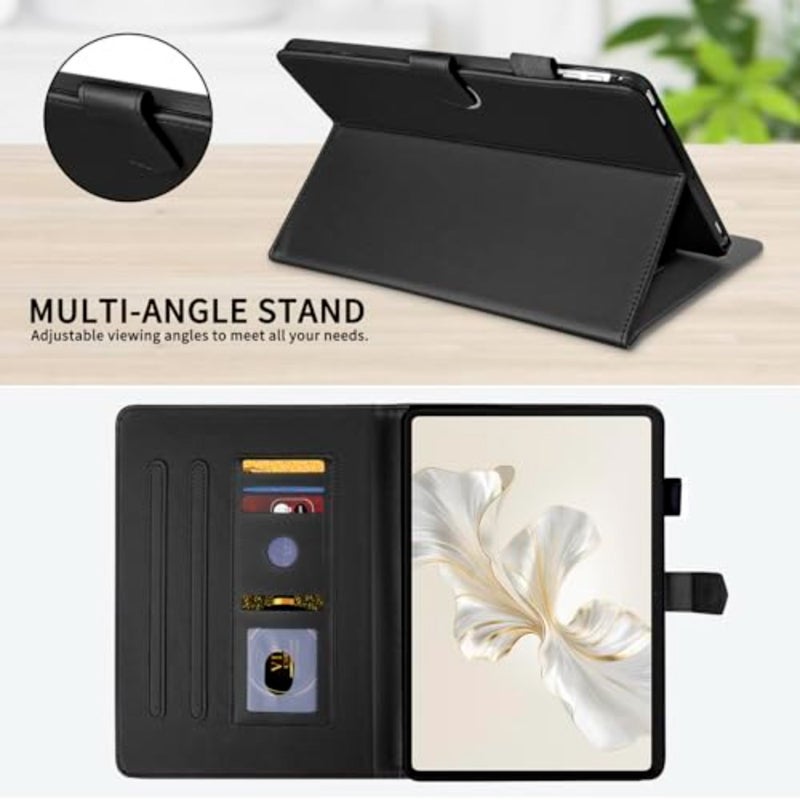 For Honor Pad 9 - Black diamond-pattern flip case with multi-angle stand, built-in stylus and card holders, portable protection 12.1, PU leather - Image 4