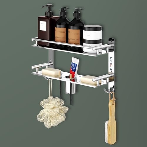 Penora 2 Layer Stainless Steel Multi Purpose Bathroom Shelf Rack - Towel Stand Rack with soap Dish tumvler Holder - Bathroom Shelves Towel Holder - Bathroom Accessories Set (Chrome Finish, Silver) - Image 1
