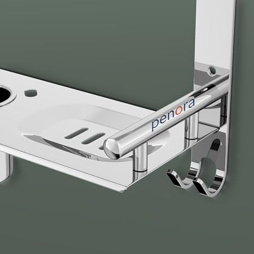 Penora 2 Layer Stainless Steel Multi Purpose Bathroom Shelf Rack - Towel Stand Rack with soap Dish tumvler Holder - Bathroom Shelves Towel Holder - Bathroom Accessories Set (Chrome Finish, Silver) - Image 5
