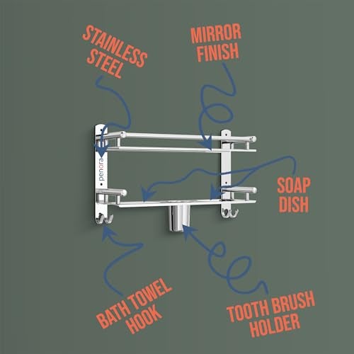Penora 2 Layer Stainless Steel Multi Purpose Bathroom Shelf Rack - Towel Stand Rack with soap Dish tumvler Holder - Bathroom Shelves Towel Holder - Bathroom Accessories Set (Chrome Finish, Silver) - Image 3