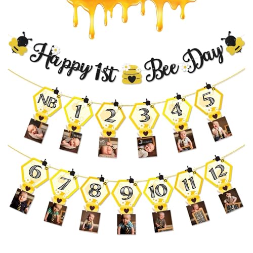 Faisichocalato 3PCS Happy Bee Day Party Decorations Bumble Honey Bee 1st Birthday Baby Photo Banner for Newborn to 12 Months Monthly Milestone Photograph Bunting Garland First Birthday Celebration Decorations - Image 1