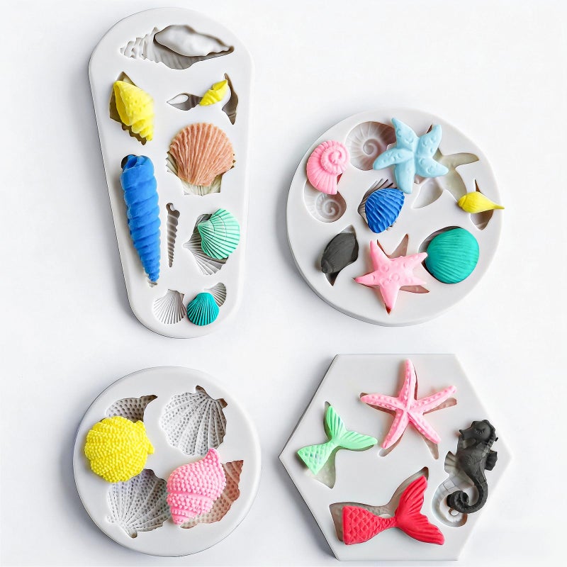 HKNMTT Marine Themed Silicone Mold for Polymer Clay Fondant, Seashell Mermaid Tail Starfish Ocean Seahorse Air Dry Clay Craft Cake Decor Wax Melt Chocolate Candy Mould DIY Cupcake Toppers BPA Free - Image 1